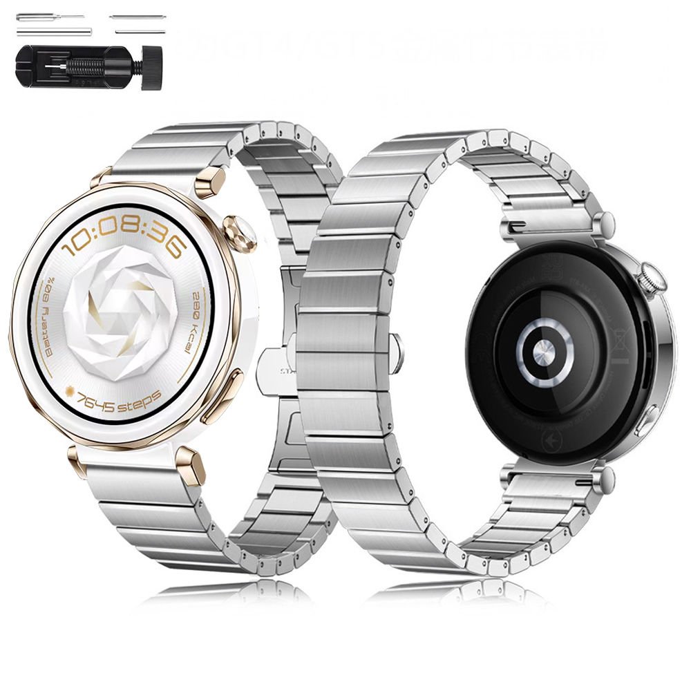 Huawei Watch GT5 Pro 42mm İle Uyumlu Renk Detaylı 18mm Paslanmaz Çelik Metal Kordon Kayış Gümüş