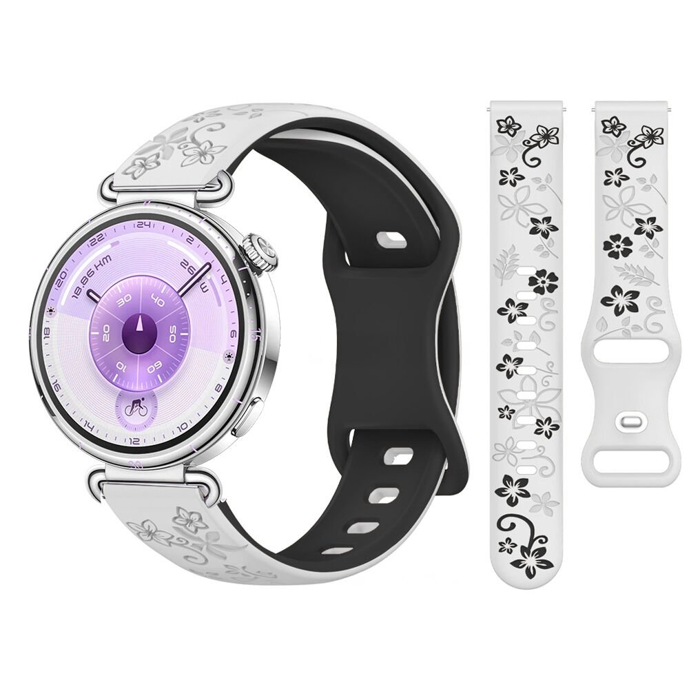 Huawei Watch GT6 41mm Uyumlu FloraFlex Çiçek Desenli Yumuşak Soft Silikon Kordon Beyaz