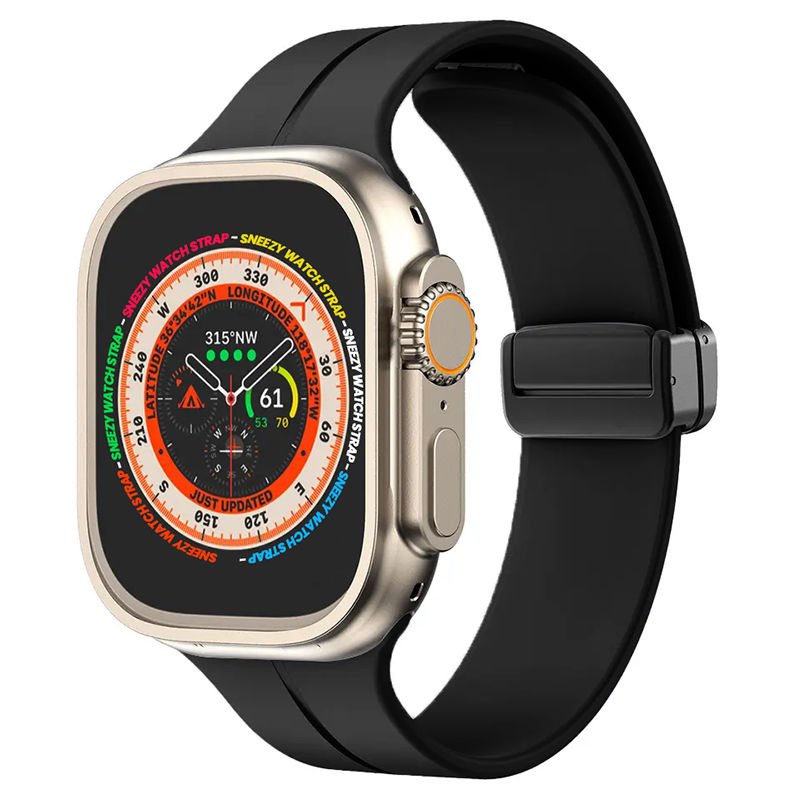 Apple Watch 49mm Ultra Seri Uyumlu Coastal Manyetik Tokalı Silikon Kordon Siyah