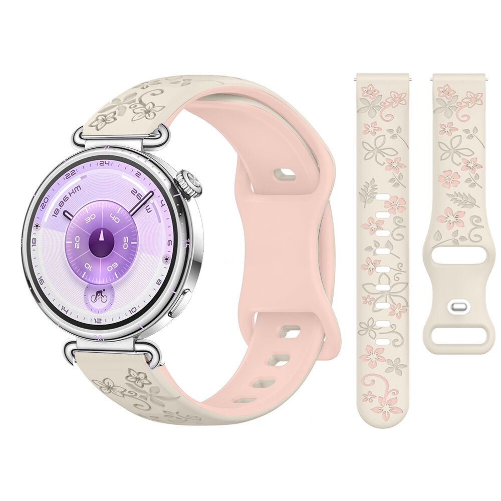 Huawei Watch GT6 41mm Uyumlu FloraFlex Çiçek Desenli Yumuşak Soft Silikon Kordon Açık Pembe
