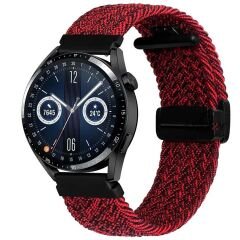 Samsung Galaxy Watch 46mm R800  Watch 3 45mm R840 22mm FiberLink Manyetik Tokalı Kumaş Örgü Kordon Kırmızı Koyu
