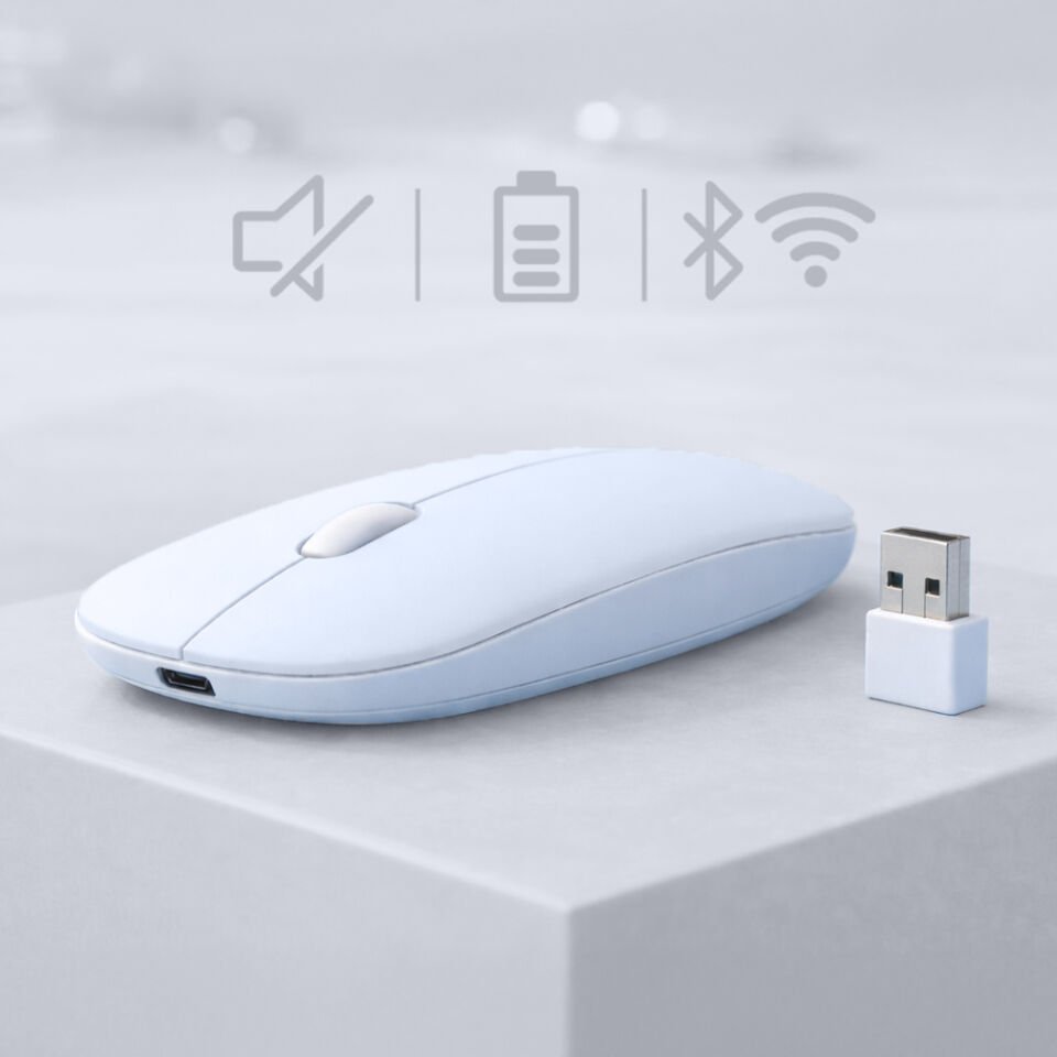 Dual Mode Kablosuz Mouse Bluetooth USB Dongle Çoklu Cihaz Destekli Şarjlı ve Sessiz Kullanım Beyaz