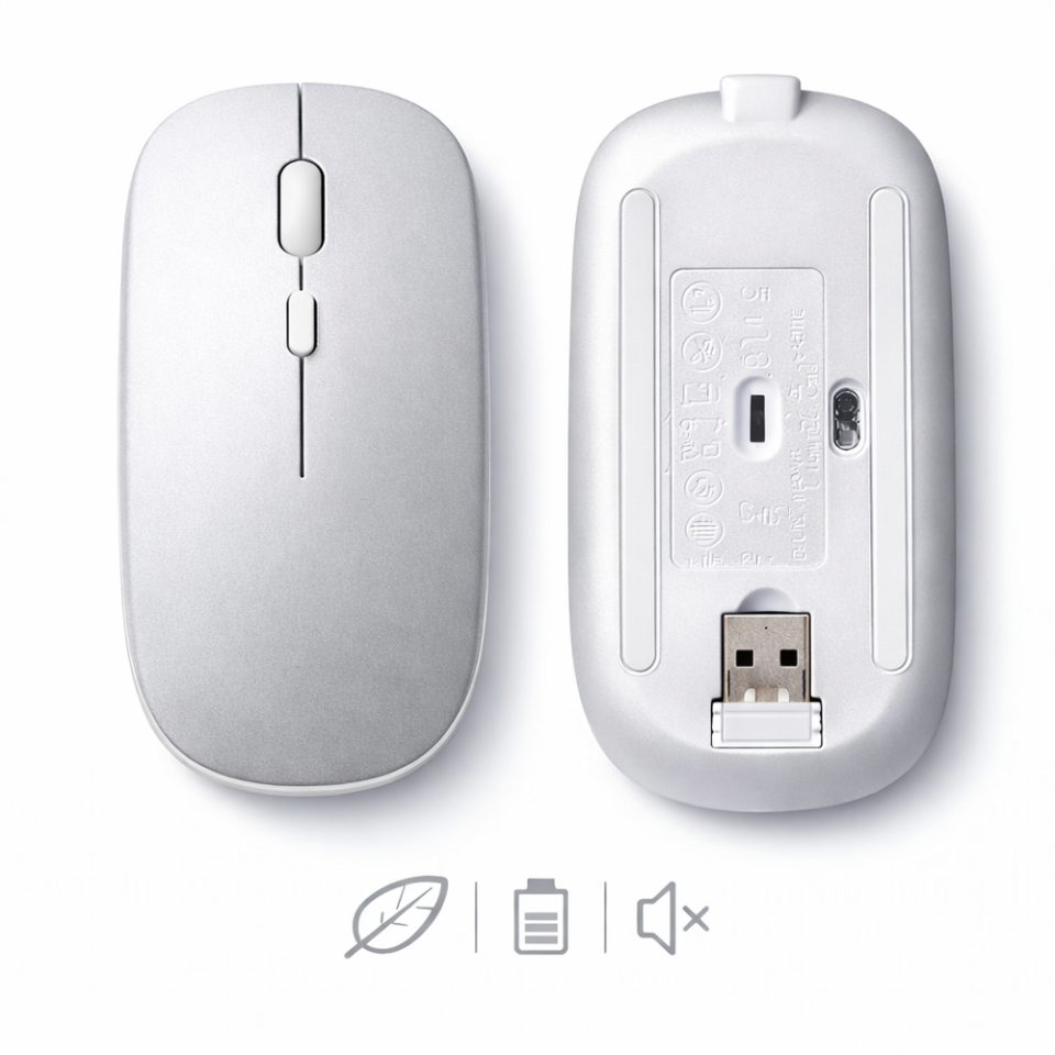 Dual Mode Kablosuz Mouse Bluetooth USB Dongle Çoklu Cihaz Destekli Şarjlı ve Sessiz Kullanım Gümüş