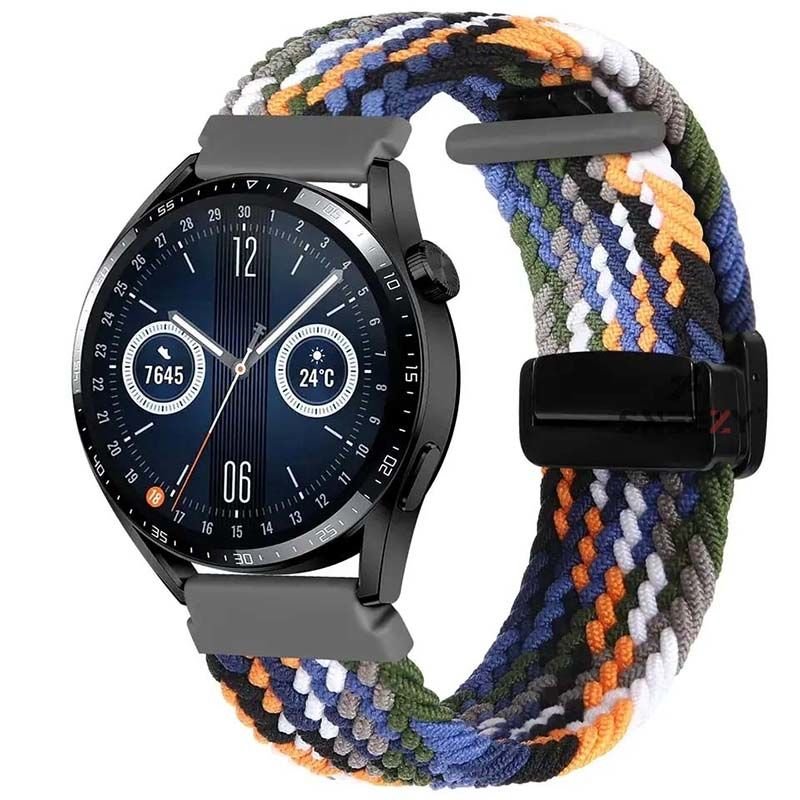 Samsung Galaxy Watch 46mm R800  Watch 3 45mm R840 22mm FiberLink Manyetik Tokalı Kumaş Örgü Kordon Siyah - Turuncu