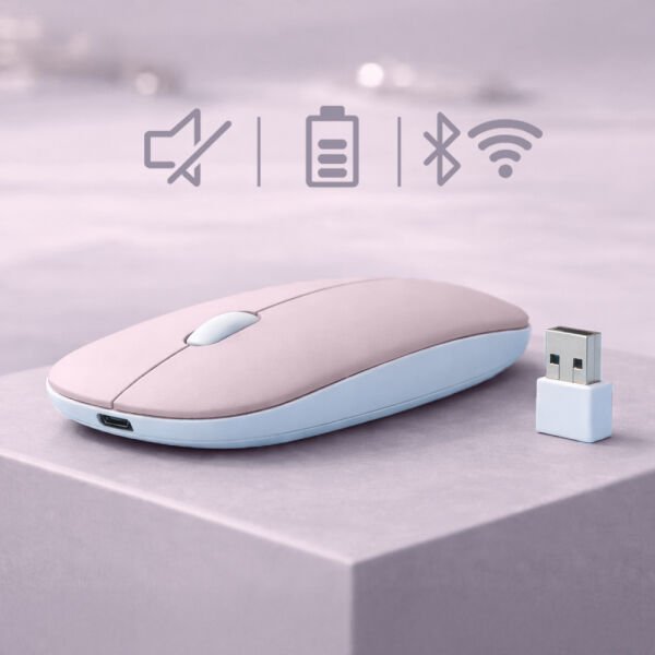 Mac iPad PC Tablet Uyumlu Mouse Şarjlı Batarya Sessiz Tıklama USB Dongle ve Kablo Dahil Pembe