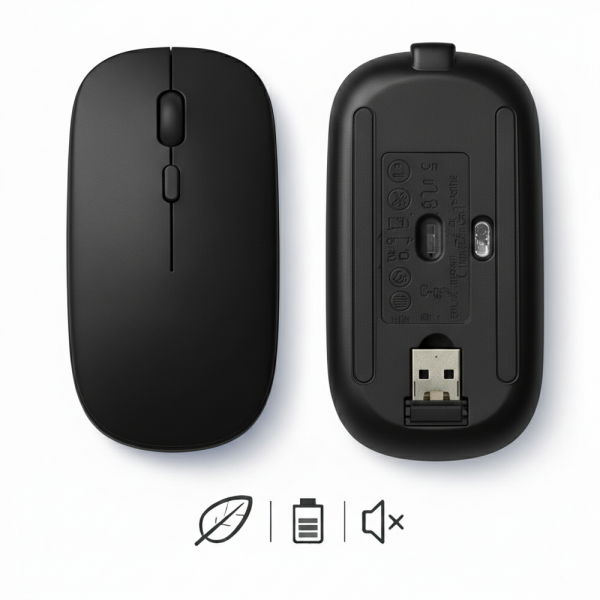 Mac iPad PC Tablet Uyumlu Mouse Şarjlı Batarya Sessiz Tıklama USB Dongle ve Kablo Dahil Siyah