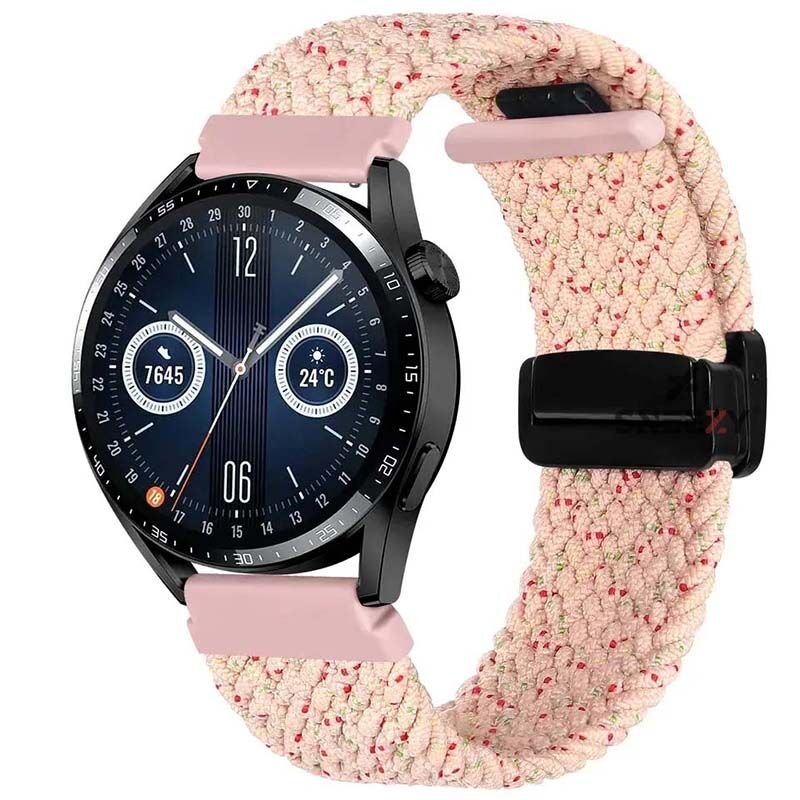 Sneezy Huawei Watch Ultimate  Watch Buds İle Uyumlu 22mm FiberLink Manyetik Tokalı Kumaş Örgü Kordon Pudra - Pudra