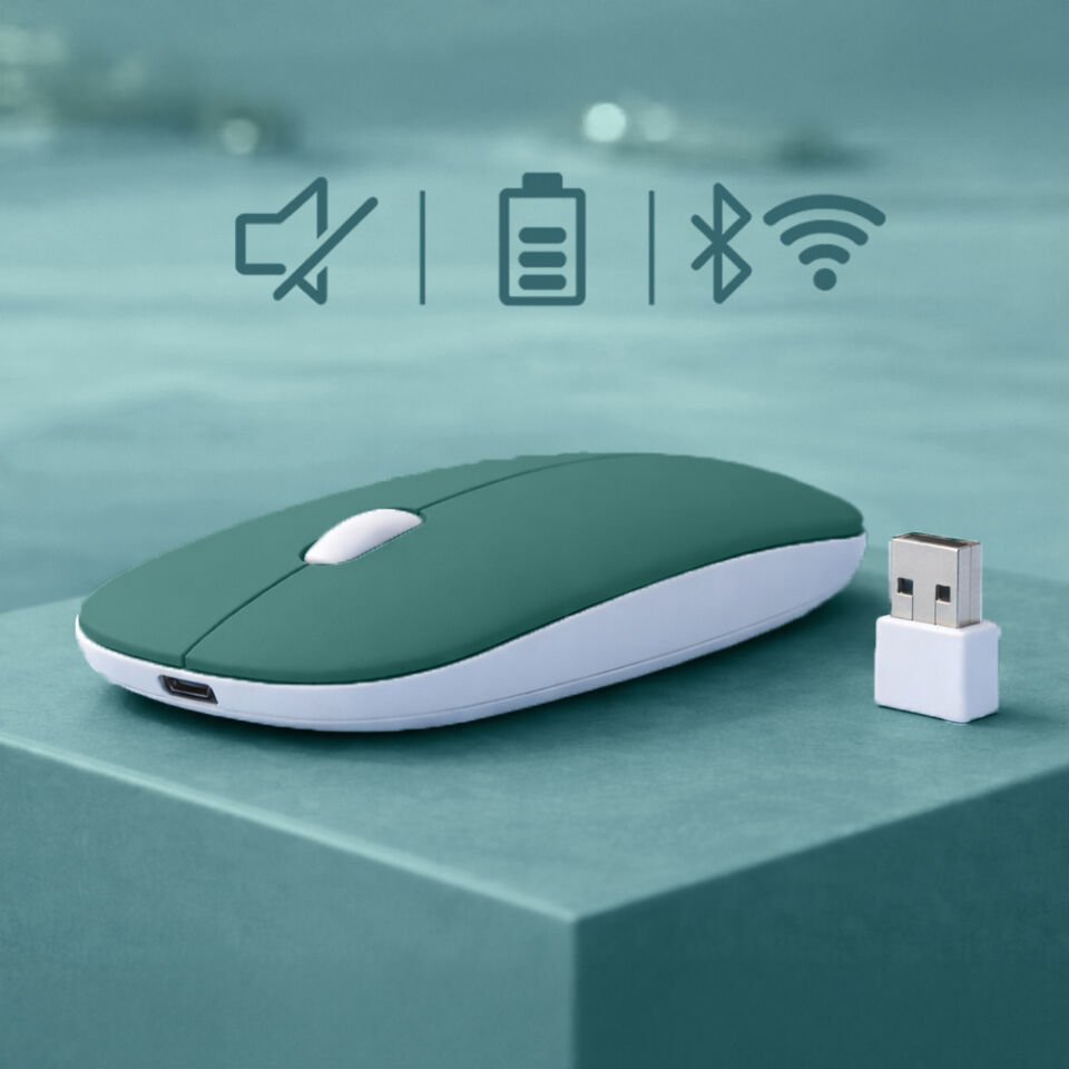 Minimal Tasarımlı Kablosuz Mouse Bluetooth Bağlantı Şarjlı USB Dongle Destekli Hafif ve Şık Haki