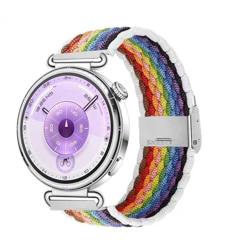 Sneezy Huawei Watch GT6 41mm İle Uyumlu Metal Klips Solo Fiberlink Kumaş Örgü Kordon Beyaz Gökkuşağı