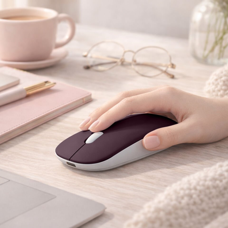 Minimal Tasarımlı Kablosuz Mouse Bluetooth Bağlantı Şarjlı USB Dongle Destekli Hafif ve Şık Mürdüm