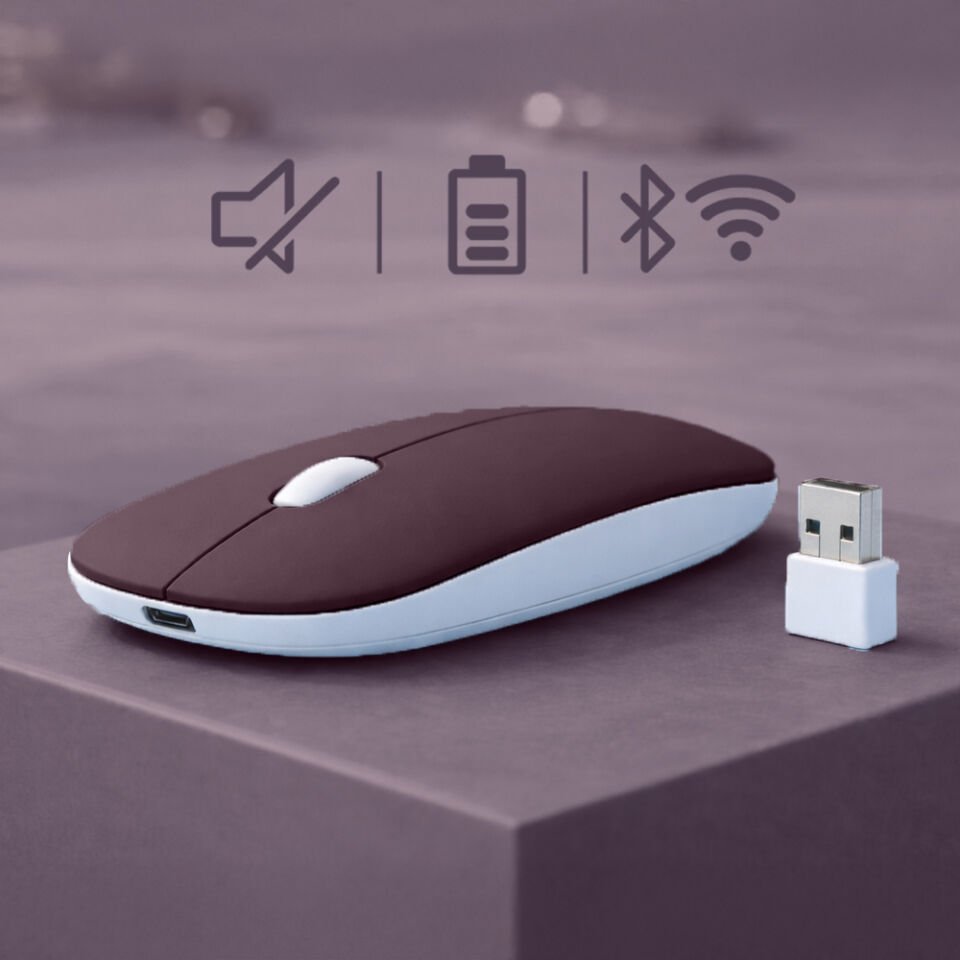 Minimal Tasarımlı Kablosuz Mouse Bluetooth Bağlantı Şarjlı USB Dongle Destekli Hafif ve Şık Mürdüm