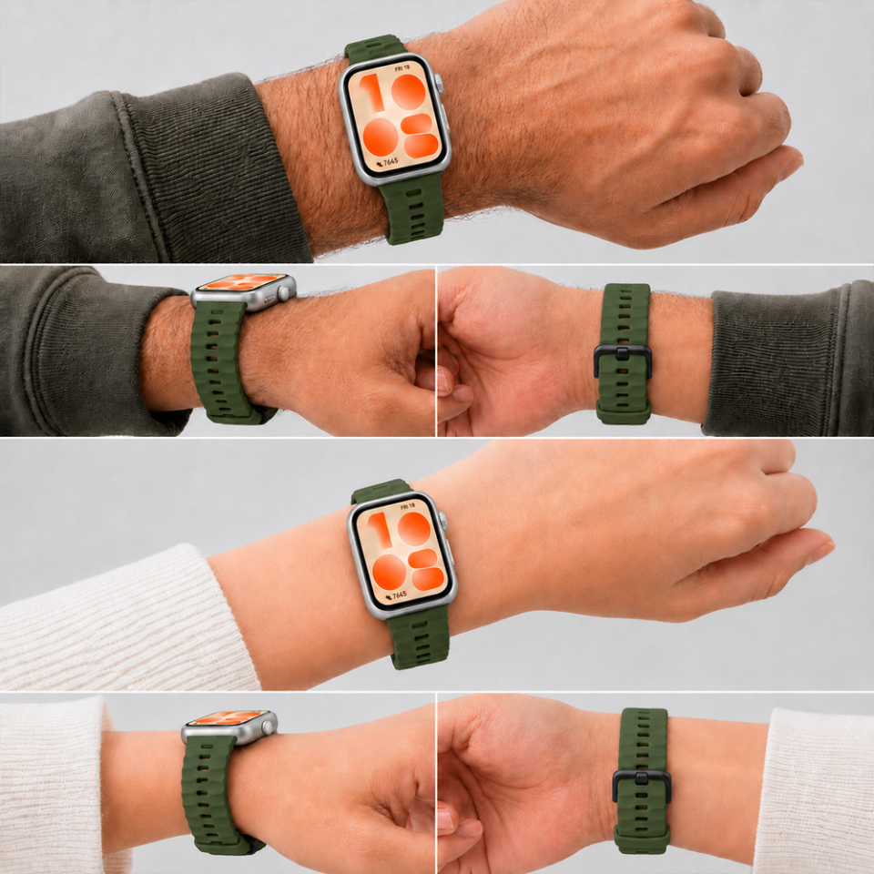 Huawei Watch Fit5 İle Uyumlu Tırtıklı Metal Tokalı Spor Silikon Kordon Haki