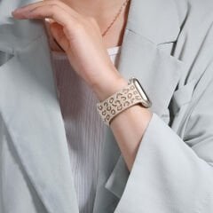 Samsung Galaxy Watch 4 5 Serisi ile Uyumlu Leopar Desenli Silikon Kordon Kayış Bej