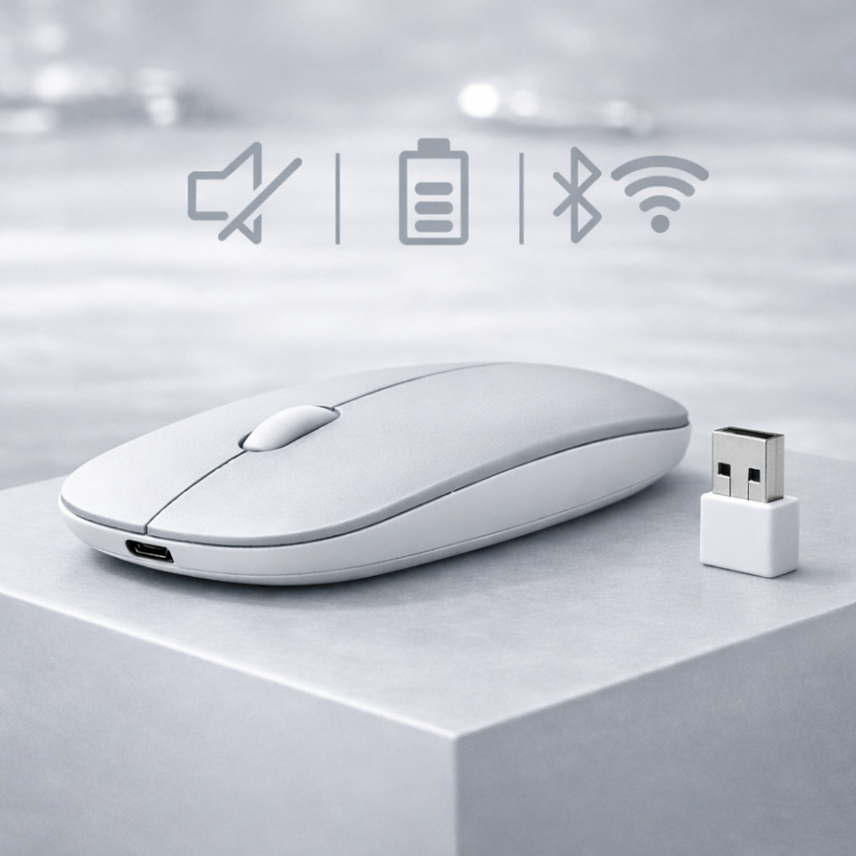 Profesyonel Kablosuz Mouse Bluetooth Dongle Destekli Şarjlı Batarya Sessiz ve Ergonomik Tasarım Gümüş