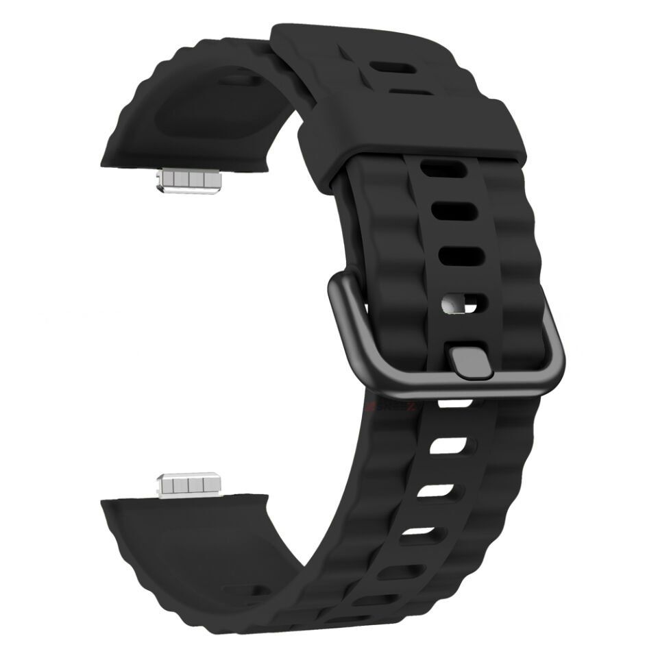 Huawei Watch Fit5 İle Uyumlu Tırtıklı Metal Tokalı Spor Silikon Kordon Siyah