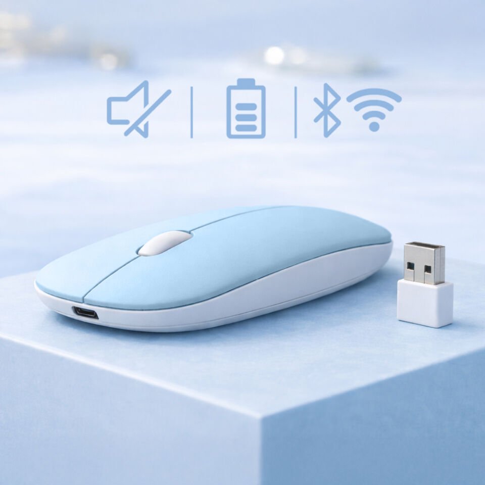Profesyonel Kablosuz Mouse Bluetooth Dongle Destekli Şarjlı Batarya Sessiz ve Ergonomik Tasarım Mavi