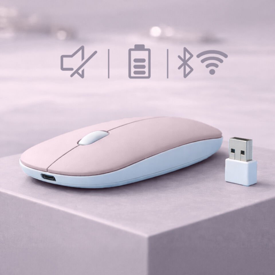Profesyonel Kablosuz Mouse Bluetooth Dongle Destekli Şarjlı Batarya Sessiz ve Ergonomik Tasarım Pembe