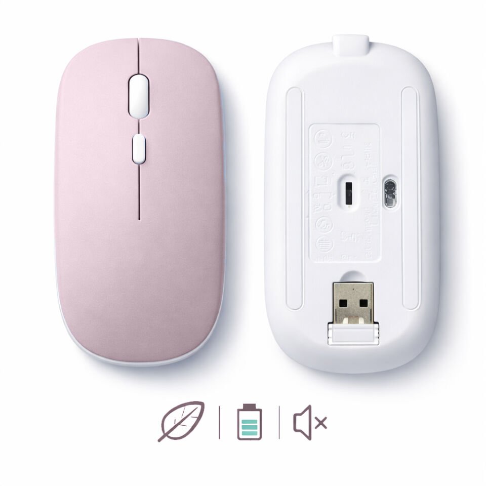 Tüm Cihazlara Uyumlu Bluetooth Mouse Şarjlı Batarya USB Dongle ve Şarj Kablosu Dahil Pembe