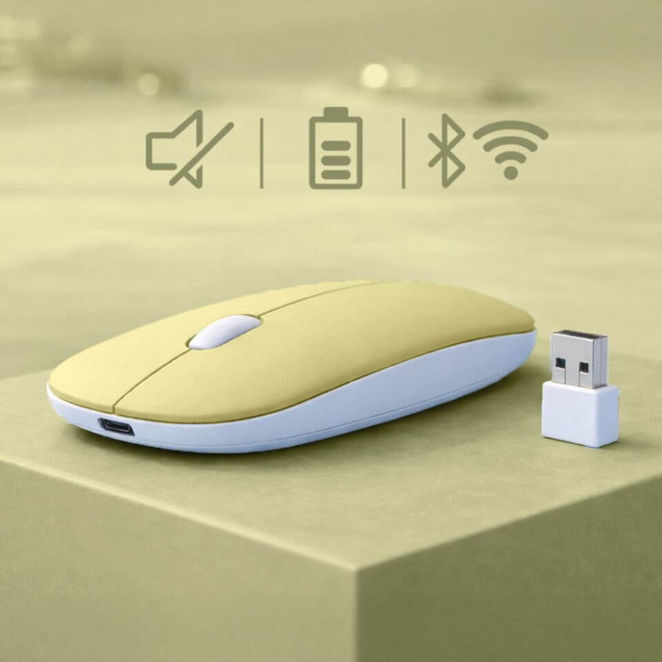 Tüm Cihazlara Uyumlu Bluetooth Mouse Şarjlı Batarya USB Dongle ve Şarj Kablosu Dahil Sarı