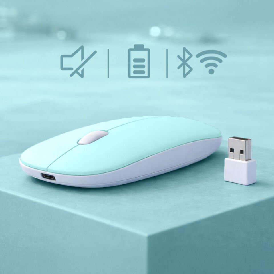 Tüm Cihazlara Uyumlu Bluetooth Mouse Şarjlı Batarya USB Dongle ve Şarj Kablosu Dahil Turkuaz
