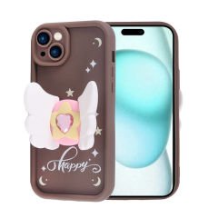 Apple iPhone 15 Plus Kılıf Kamera Korumalı Figür Tasarımlı Glam Kapak Kahverengi
