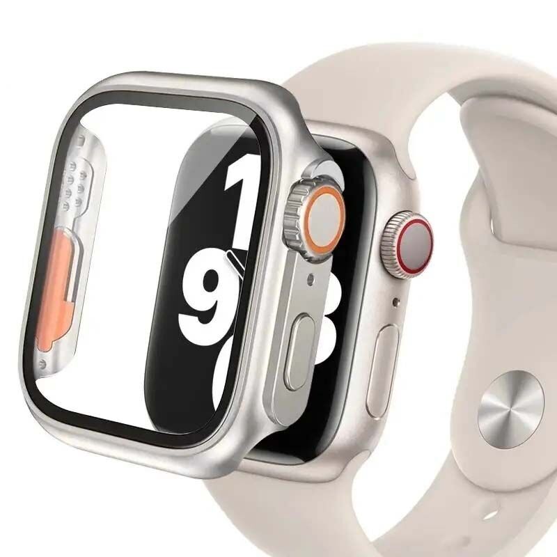 Sneezy Apple Watch 44mm Uyumlu Ultra 49mm Görünüme Dönüştürücü Kasa Ve Ekran Koruyucu Gümüş