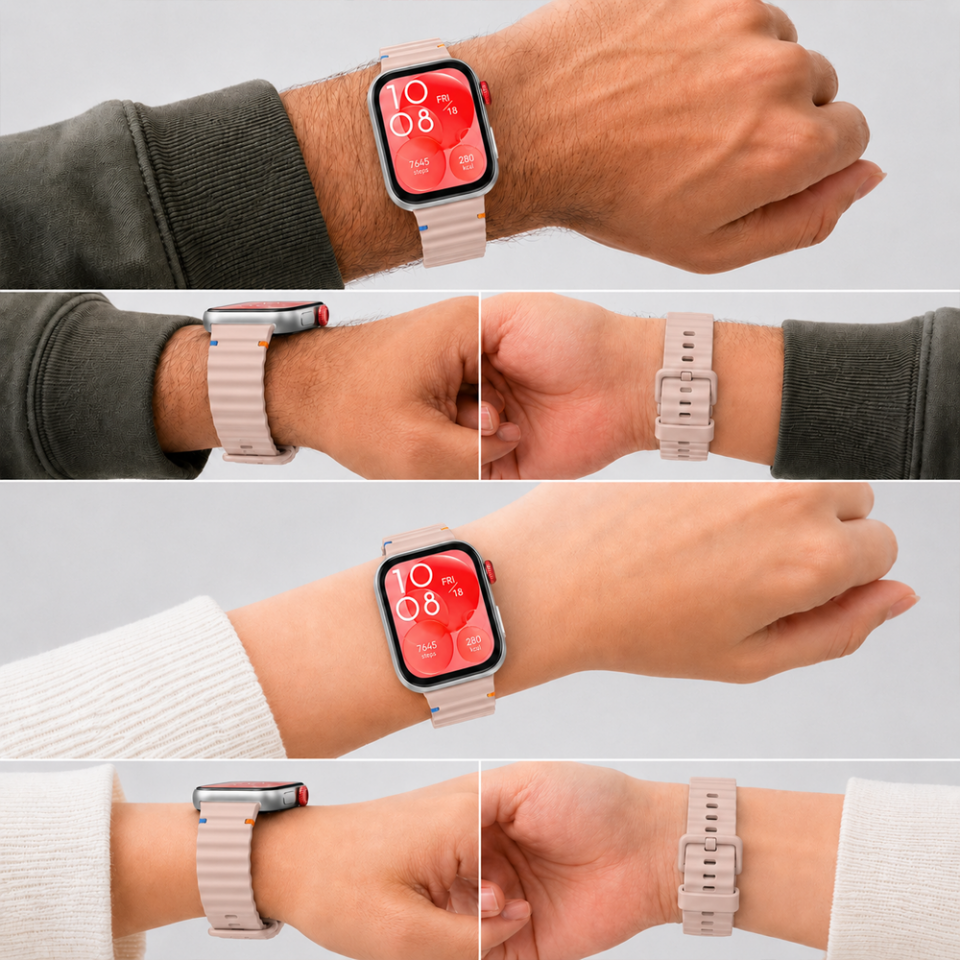 Huawei Watch Fit 3 İle Uyumlu Dalga Desenli Tokalı Yumuşak Soft Silikon Kordon Pudra