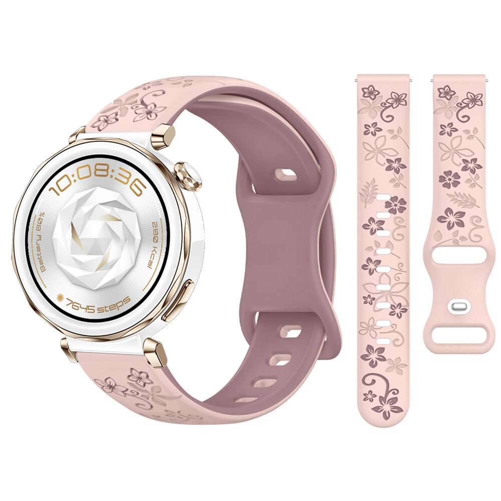 Huawei Watch GT5 Pro 42mm Uyumlu FloraFlex Çiçek Desenli Yumuşak Soft Silikon Kordon Pembe