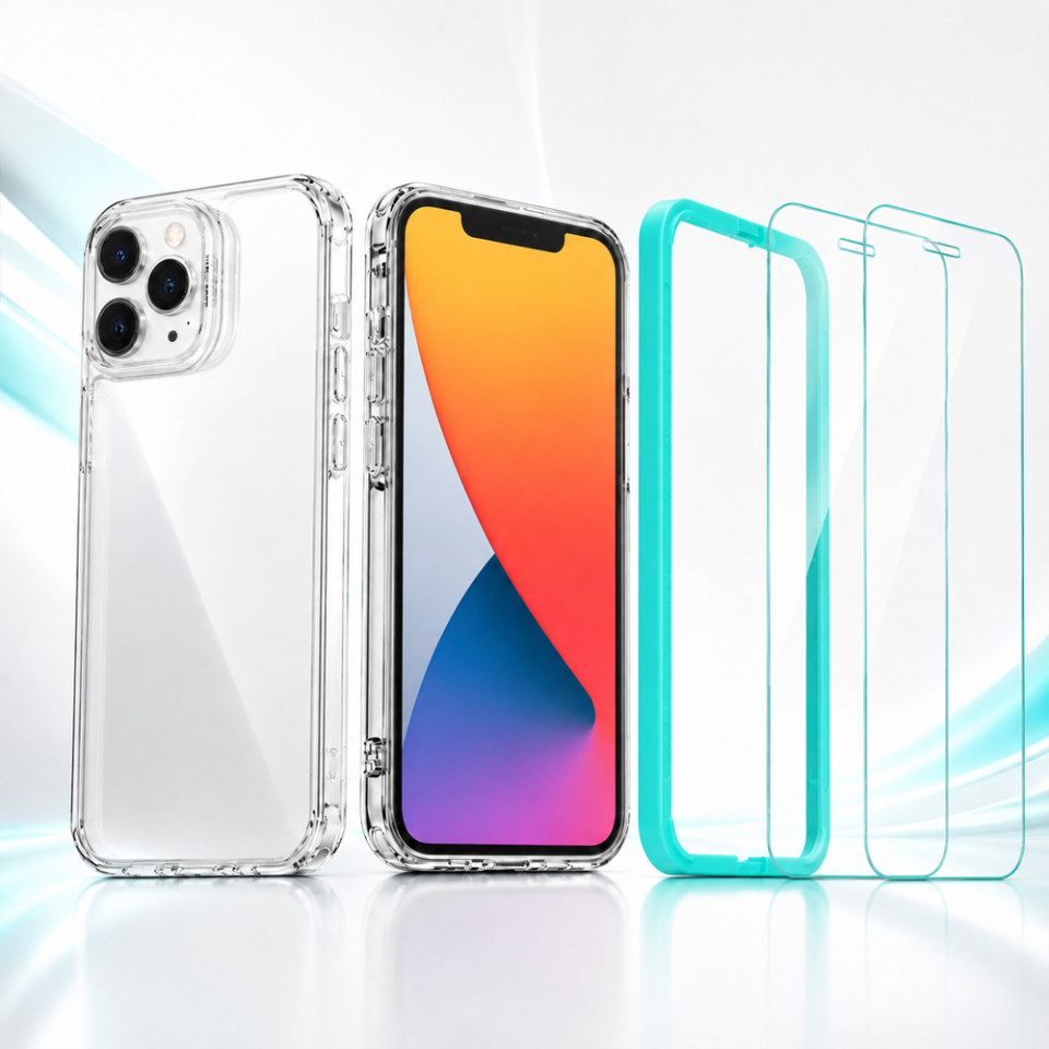 iPhone 12 Pro Max Uyumlu Telefon Kılıfı Hybrid Şeffaf  + 2 Adet Temperli Cam Ekran Koruyucu Seti