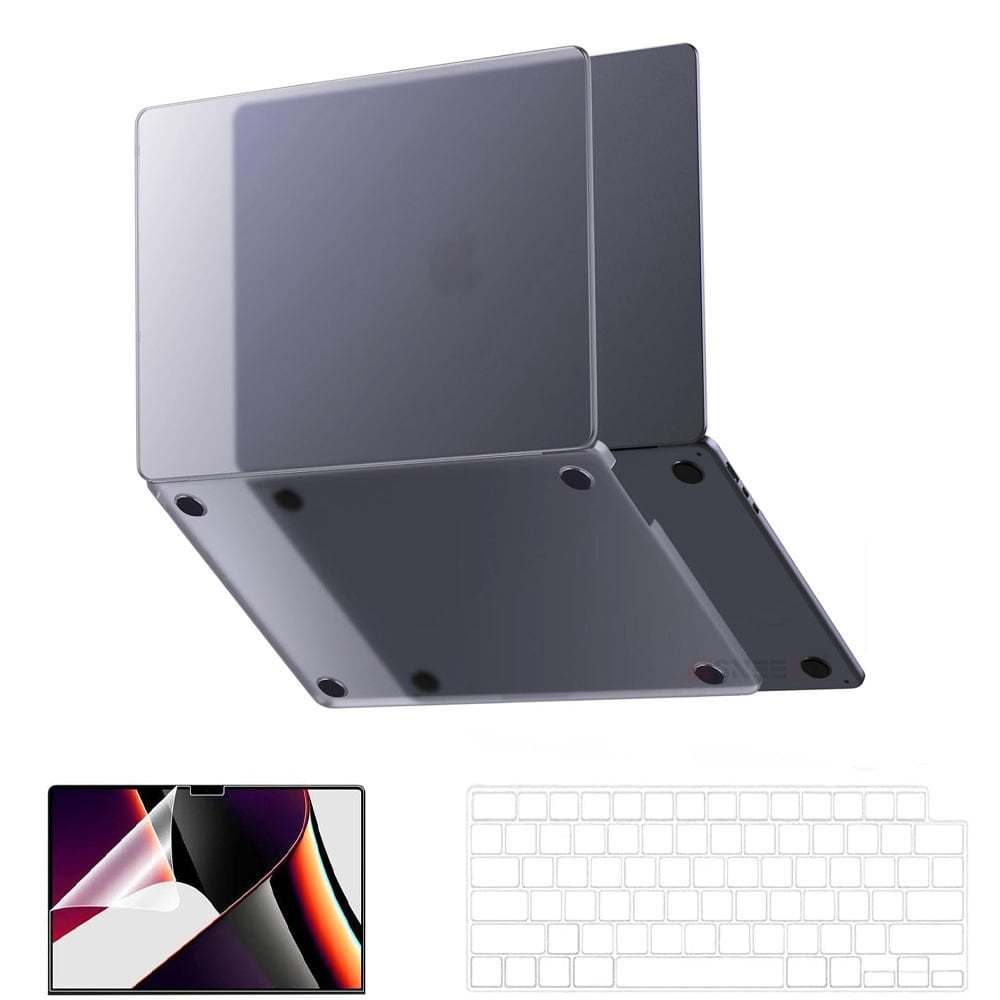 MacBook Pro 14.2 İnç Kılıf M1-M2-M3 A2442-A2779-A2992 için Dayanıklı Koruyucu Mat Plastik Sert Kılıf Siyah-Set1