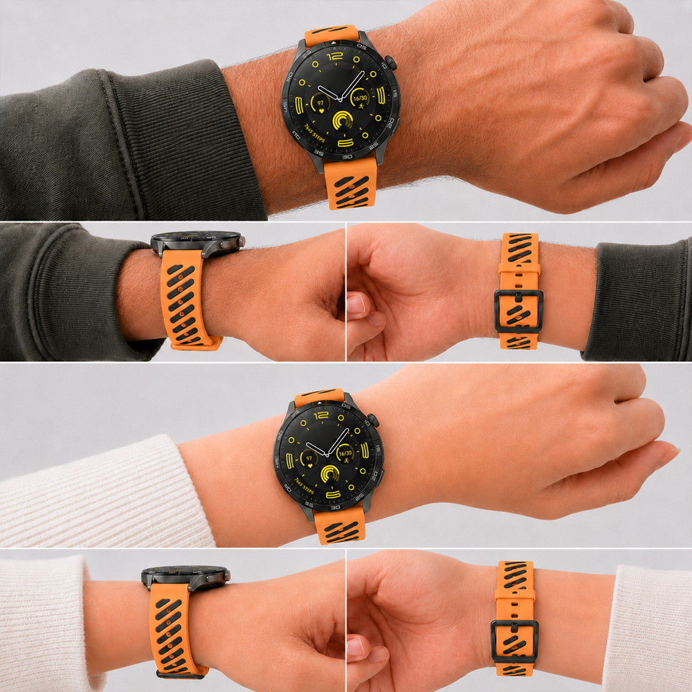 Huawei Watch GT 4 46 mm Uyumlu Çift Renkli Delikli Silikon Spor Kordon Turuncu