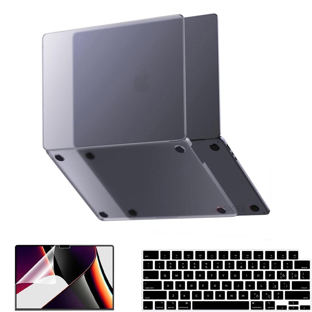 MacBook Pro 14.2 İnç Kılıf M1-M2-M3 A2442-A2779-A2992 için Dayanıklı Koruyucu Mat Plastik Sert Kılıf Siyah-Set2
