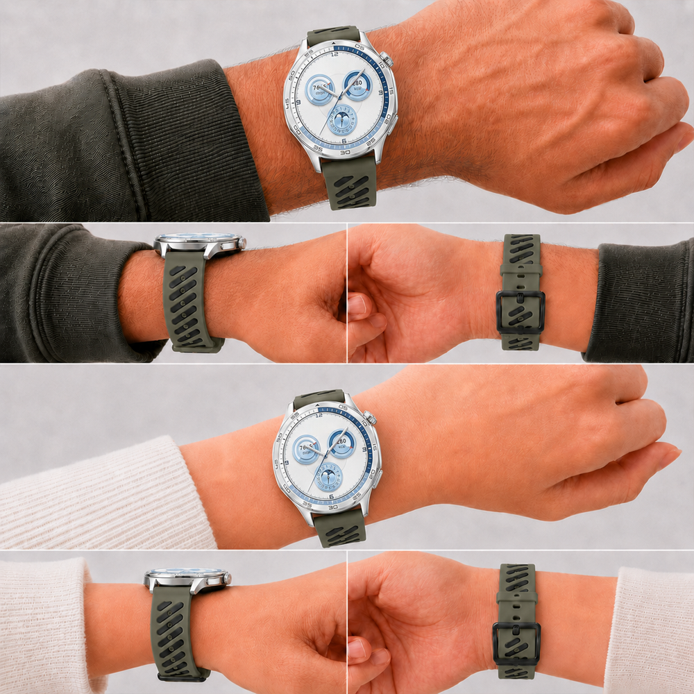 Huawei Watch GT 5 46 mm Uyumlu Çift Renkli Delikli Silikon Spor Kordon Haki