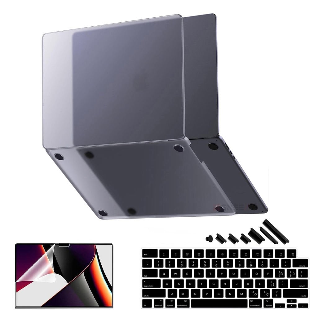 MacBook Pro 14.2 İnç Kılıf M1-M2-M3 A2442-A2779-A2992 için Dayanıklı Koruyucu Mat Plastik Sert Kılıf Siyah-Set4