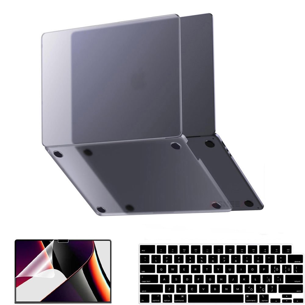 MacBook Pro 15 İnç Kılıf M2-M3 A2941-A3114 için Dayanıklı Koruyucu Mat Plastik Sert Kılıf Siyah-Set2