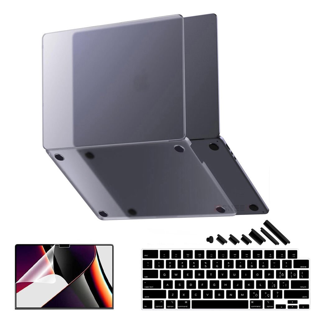 MacBook Pro 15 İnç Kılıf M2-M3 A2941-A3114 için Dayanıklı Koruyucu Mat Plastik Sert Kılıf Siyah-Set4