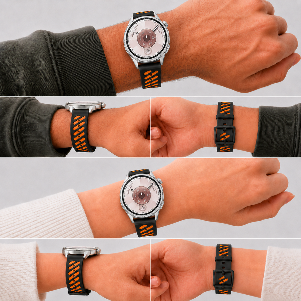 Huawei Watch GT 6 46 mm Uyumlu Çift Renkli Delikli Silikon Spor Kordon Siyah