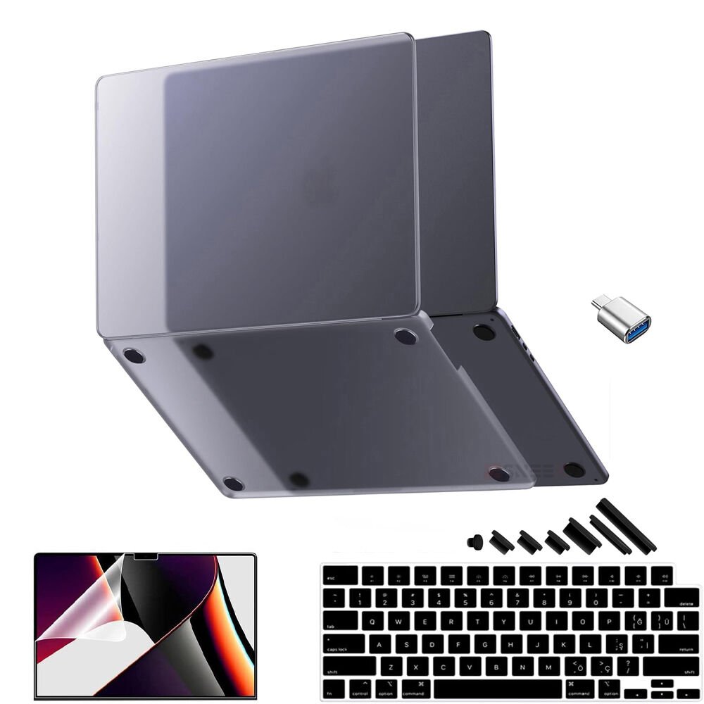 MacBook Pro 15 İnç Kılıf M2-M3 A2941-A3114 için Dayanıklı Koruyucu Mat Plastik Sert Kılıf Siyah-Set6