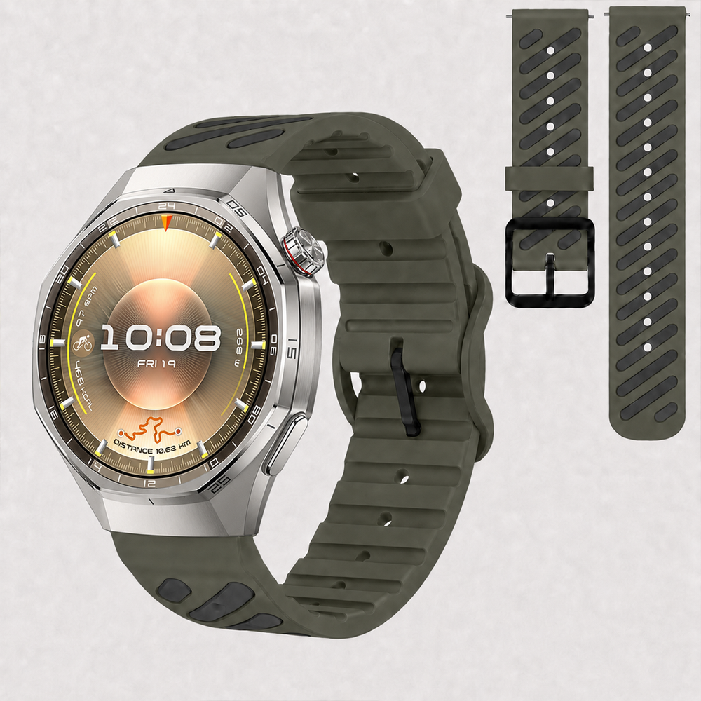 Huawei Watch GT 6 Pro 46 mm Uyumlu Çift Renkli Delikli Silikon Spor Kordon Haki