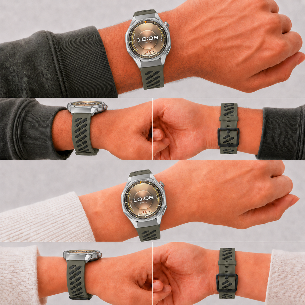 Huawei Watch GT 6 Pro 46 mm Uyumlu Çift Renkli Delikli Silikon Spor Kordon Haki