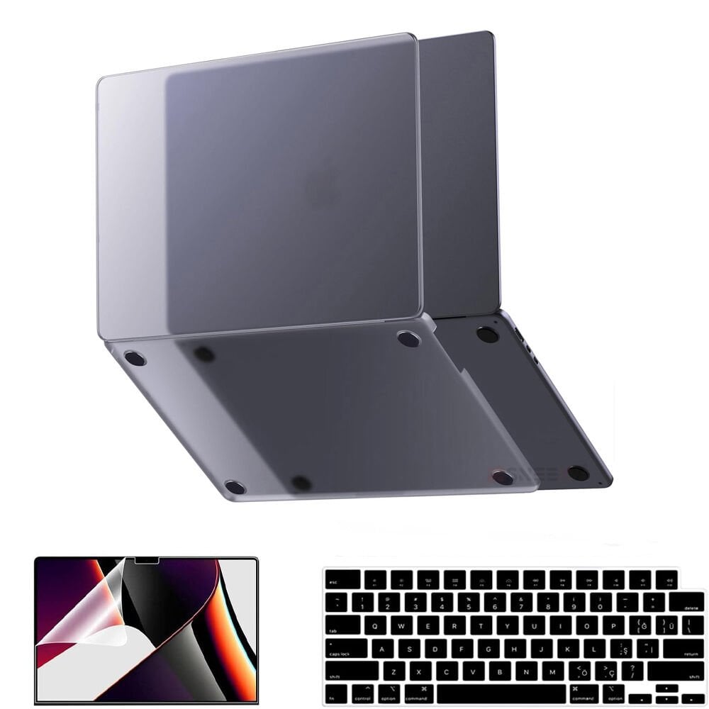 MacBook Pro 16.2 İnç Kılıf M1-M2-M3 A2485-A2780-A2991 için Dayanıklı Koruyucu Mat Plastik Sert Kılıf Siyah-Set2