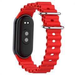 Xiaomi Mi Band 9 İle Uyumlu Dalga Desenli Metal Tokalı Yumuşak Silikon Kordon Kırmızı