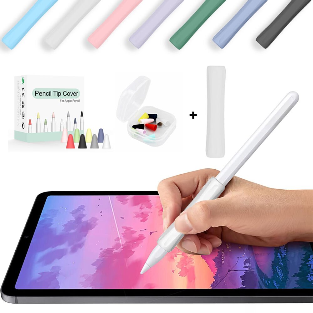 Apple Pencil 1-2 Nesil Pro USB-C Uyumlu Soft Yumuşak Silikon Kalem Tutucu ve 8'li Kalem Ucu Koruyucu