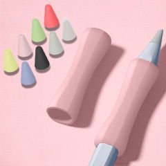 Apple Pencil 1-2 Nesil Pro USB-C Uyumlu Soft Yumuşak Silikon Kalem Tutucu ve 8'li Kalem Ucu Koruyucu Pembe
