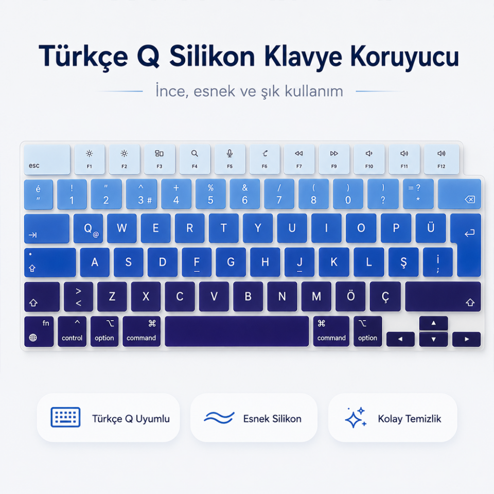 MacBook Air 13.6 İnç M2 M3 M4 M5 A2681 A3113 A3240 A3449 Uyumlu Türkçe Q Klavye Koruyucu Mavi Ombre