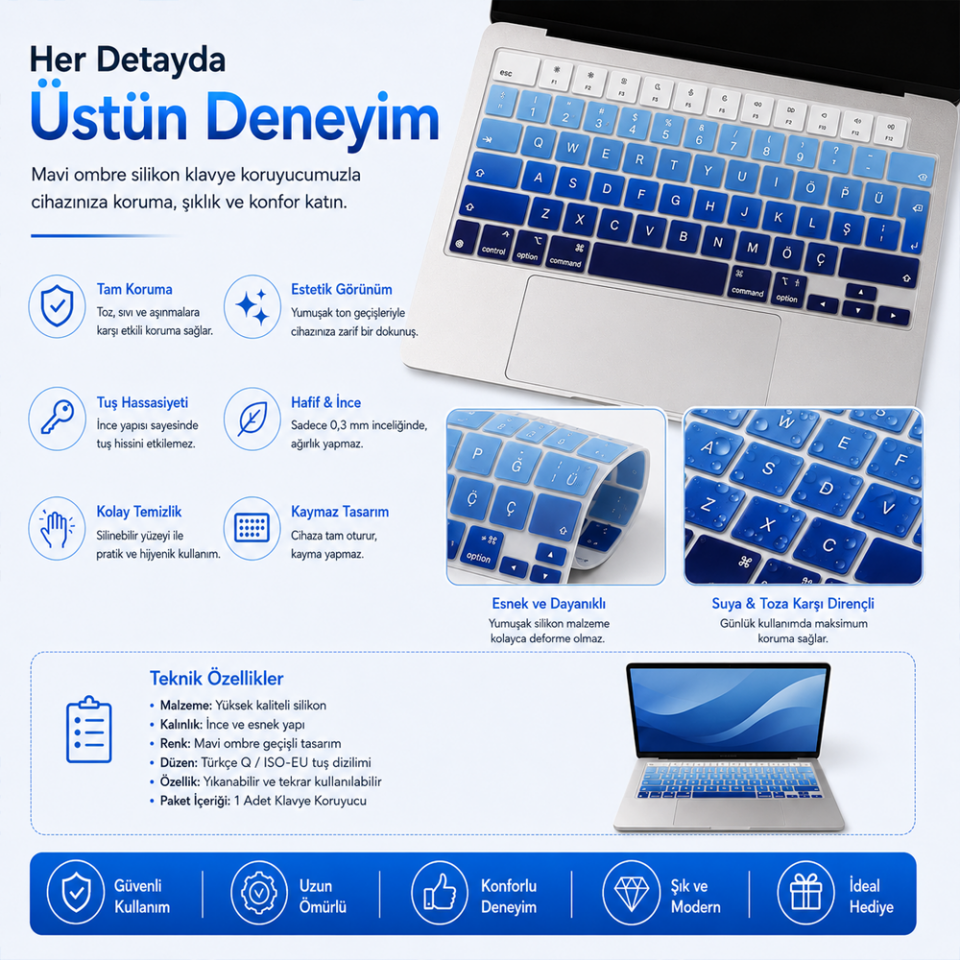 MacBook Air 13.6 İnç M2 M3 M4 M5 A2681 A3113 A3240 A3449 Uyumlu Türkçe Q Klavye Koruyucu Mavi Ombre