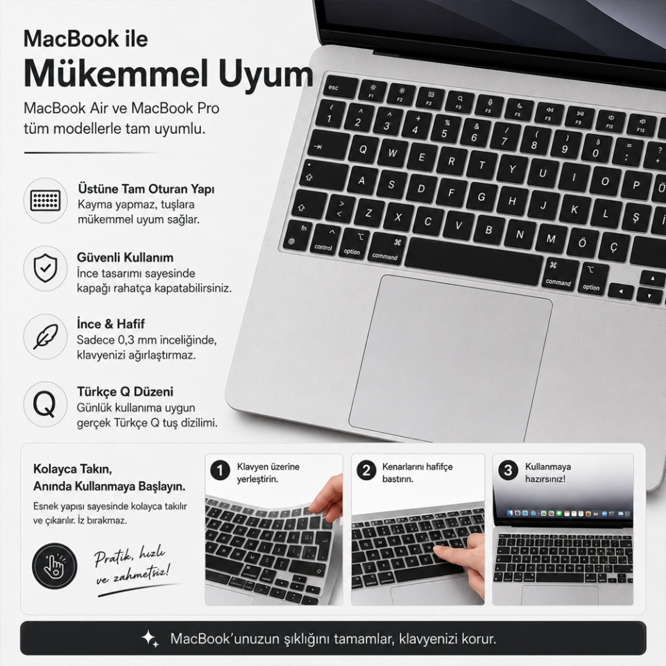 MacBook Air 15.3 İnç M2 M3 M4 M5 A2941 A3114 A3241 A3448 Uyumlu Türkçe Q Klavye Koruyucu Siyah