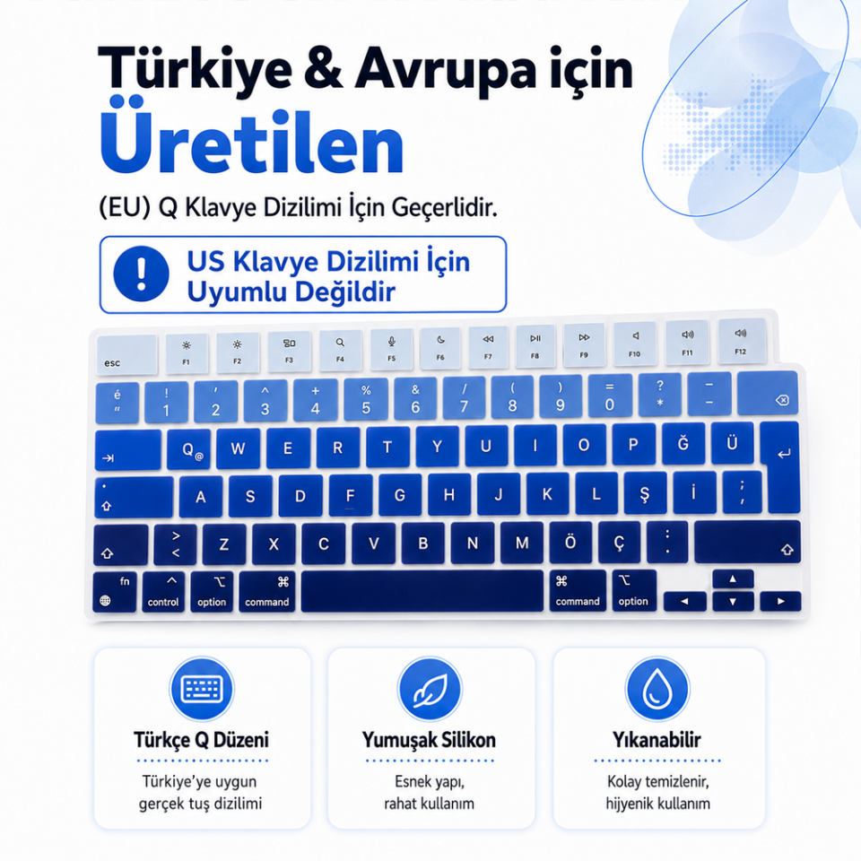 MacBook Air 15.3 İnç M2 M3 M4 M5 A2941 A3114 A3241 A3448 Uyumlu Türkçe Q Klavye Koruyucu Mavi Ombre