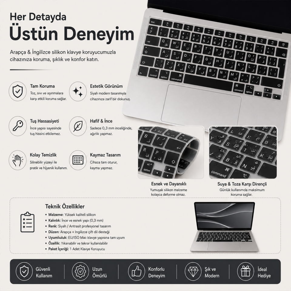 MacBook Pro 16.2 İnç M1 M2 M3 M4 M5 A2485 A2991 Uyumlu Arapça İngilizce Q Klavye Koruyucu Silikon