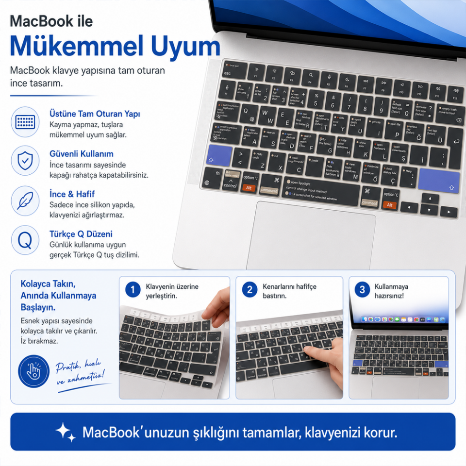 MacBook Pro 16.2 İnç M1 M2 M3 M4 M5 A2485 A2991 Uyumlu Türkçe Q Kısayollu Klavye Koruyucu Silikon